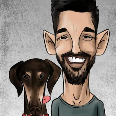 A man and his best friend. This digital caricature captures the warm and friendly smiles of both the owner and his handsome dog.