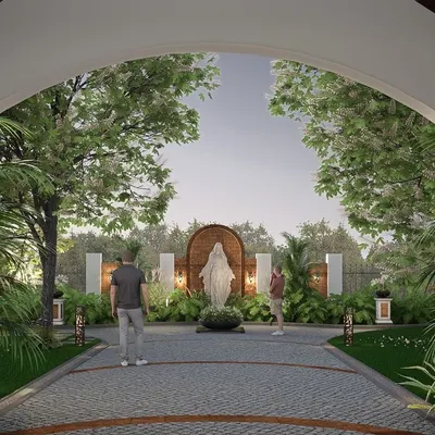 The front yard of the Nilaya Residence is designed to blend regional charm with colonial beauty. A cobblestone pathway leads the eye to a serene Mother Mary statue, creating a contemplative focal point that can be enjoyed from the home's veranda.