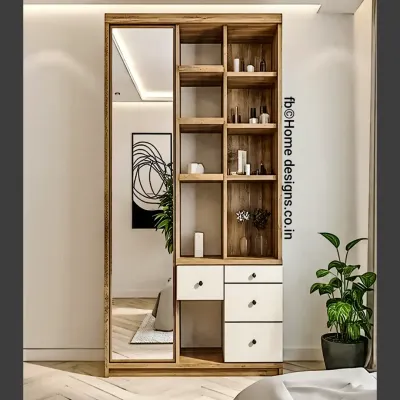 A sleek and functional wardrobe unit that combines a full-length mirror with open shelving and drawers. The two-tone wood and white finish gives it a modern and light feel.