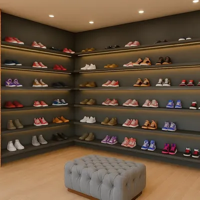 This shoe display wall for the Shoetown project features extensive shelving with integrated backlighting. The design ensures every product is perfectly illuminated, creating an organized and high-impact visual display.