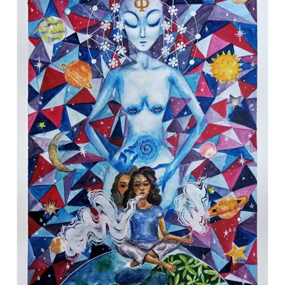 This piece, 'The Reality of the Cosmos,' is one of my deepest dives into narrative art. I explored complex ideas about the universe, consciousness, and perception, using watercolor to blend scientific theory with psychedelic visuals. It’s a perfect example of how I use painting to make sense of big, abstract concepts.