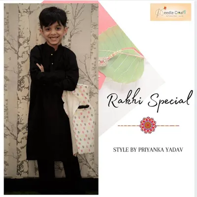 A classic black cotton kurta pajama set is a versatile and smart choice for any young boy. This Rakhi special outfit is comfortable, stylish, and can be worn for many different occasions.