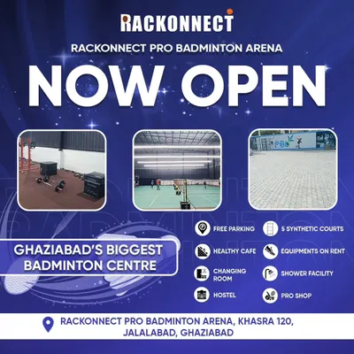 Now open! Ghaziabad's biggest badminton centre is here, complete with 5 synthetic courts, a healthy cafe, changing rooms, a pro shop, and free parking.