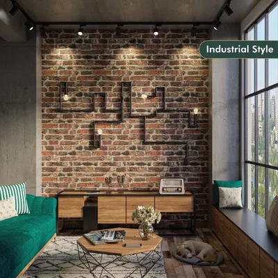 This living room is a great example of the industrial style. I love using exposed brick walls, metal-frame furniture, and unique pipe-inspired wall lighting to create a raw, edgy, yet comfortable urban look.
