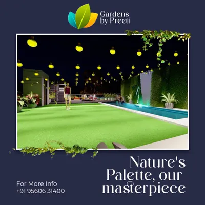 Our masterpiece begins with nature's palette. This concept for a large rooftop lawn features a water feature and ambient string lighting, designed for events or simply enjoying a vast green space under the stars.