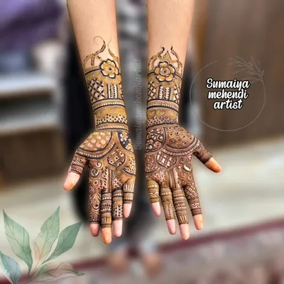 A beautiful Indian mehendi design with floral bands and a unique pattern on the palm.