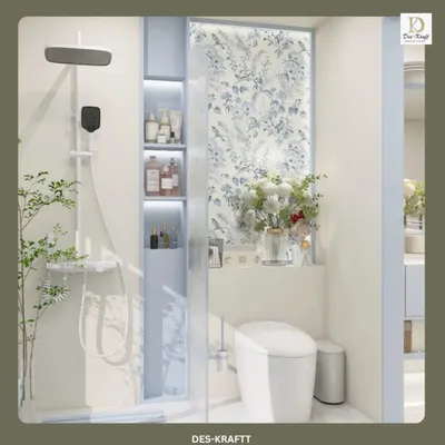 A bright and charming bathroom featuring a floral accent panel, a modern rain shower, and built-in shelving with soft backlighting for a serene glow.