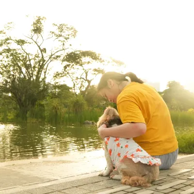 A woman and her dog sit together by the water's edge at sunset in Singapore, sharing a quiet, peaceful moment of connection.