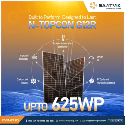 Our N-TOPCon G12R module is engineered to perform and built to last, delivering up to 625Wp. It features improved bifaciality for higher energy generation, a superior temperature coefficient for performance in extreme heat, and lower light-induced degradation (LID) for long-term reliability.