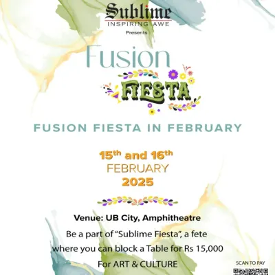 The invitation to our 'Fusion Fiesta in February,' a fete celebrating art and culture at the UB City Amphitheatre. We create events that bring the art community together.