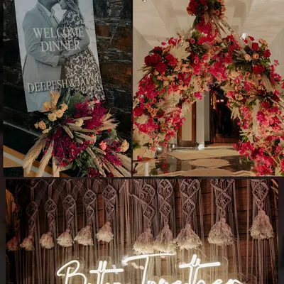 The welcome dinner for Javni and Deepesh was a magical affair. We created a 'Better Together' neon sign with a macrame backdrop and a stunning floral arch to greet guests.