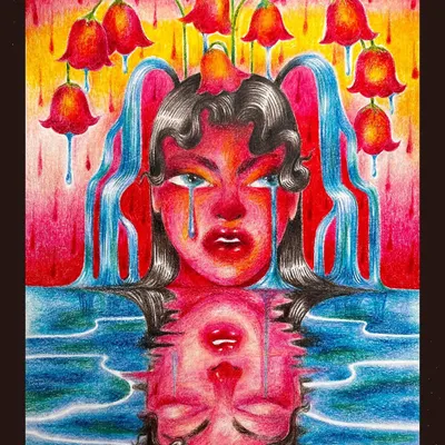 A sketchbook drawing using colored pencils, depicting a woman as a fountain of tears and flowers. This is an exploration of creating 'emotional ecosystems.'