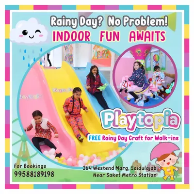 Don't let a rainy day spoil the fun. This collage shows kids enjoying our indoor play area, from the multi-colored slides leading into the ball pit to the fun carousel rides. We even offer a free craft for walk-in visitors on gloomy days.