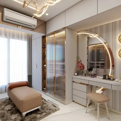 A 3D render of a bedroom that includes a walk-in wardrobe and a dedicated vanity area. The design features a backlit arched mirror, fluted wall panels, and consistent use of gold accents for a luxurious feel.