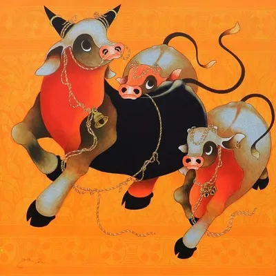 H.R. Das's iconic Bull Series is known for its warmth and joyous energy. This painting, with its bright orange background and playful figures, is a celebration of life and vitality.