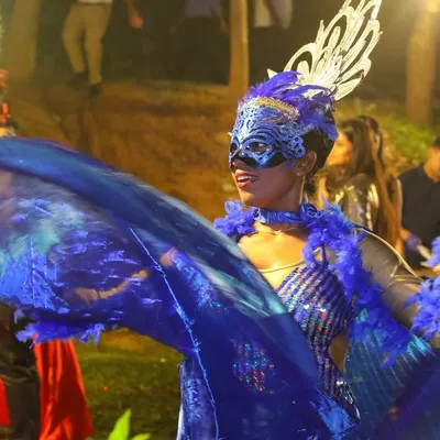 We brought the Rio Carnival to Bangalore for a wedding! A dancer in a stunning blue feathered costume captivates the audience with her performance.