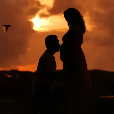 A breathtaking sunset silhouette of a couple, with a bird captured in flight. These outdoor sessions are timed perfectly to catch the golden hour, creating truly magical and artistic maternity portraits.