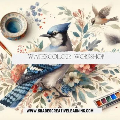 Our watercolor workshop poster, featuring a beautifully detailed blue jay to inspire you to join and learn.