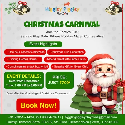 Our annual Christmas Carnival is a magical experience! This flyer details the event highlights, including a meet and greet with Santa, tree decoration, games, and a surprise gift for every child.