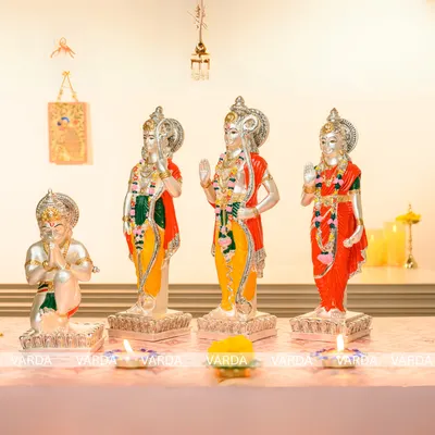 This beautiful Ram Darbar set includes silver-plated and hand-painted idols of Ram, Sita, Lakshman, and Hanuman. They are perfect as a centerpiece for a home puja or as a sacred wedding gift.