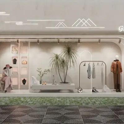 This 3D render of a fashion house exterior and interior shows how I approach retail space branding. The design features a minimalist facade, a well-lit window display with a mannequin and clothing rack, and an interior that feels open and luxurious, inviting customers to step inside.