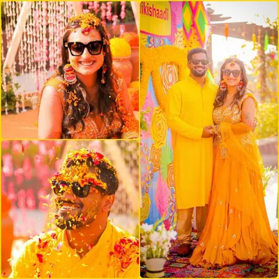 This Haldi collage is full of energy and color. It captures the bride and groom being showered with petals and sharing a happy moment, showcasing the fun and festive spirit of the ceremony.