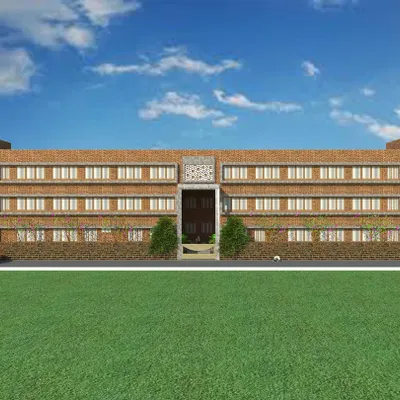 This is the front elevation render for the proposed school in Agra. The symmetrical design emphasizes a strong institutional presence, while the exposed brick and jali work add a touch of traditional craftsmanship to the modern structure.