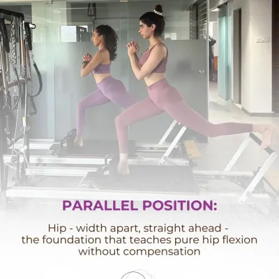 The parallel position is the foundation of all footwork. This alignment teaches pure hip flexion without compensation from other muscles, retraining your body to move correctly from the ground up.
