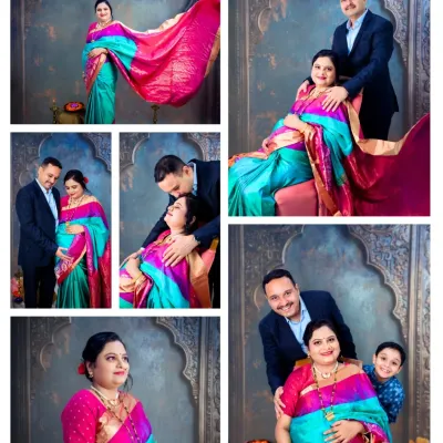 A collage from a traditional maternity photoshoot in the studio, celebrating in a vibrant saree. I love incorporating cultural elements to make your session uniquely personal, capturing moments with your partner and the excited big brother.