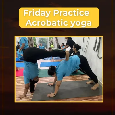 Acro yoga is a beautiful practice of trust and strength. Here, my students are working together, building not just physical power but also a strong bond. It’s challenging, but the connection you build is incredible.