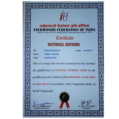 My official certificate from the Taekwondo Federation of India, qualifying me as a National Poomsae Judge.