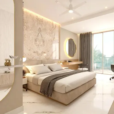 In this bedroom concept, a floor-to-ceiling marble panel with dramatic veining creates a luxurious focal point behind the bed. The design is complemented by a backlit circular mirror and a simple, elegant vanity area.
