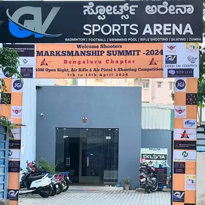 The entrance to our facility, GV Sports Arena, decorated for the Marksmanship Summit 2024. We are proud to host major shooting events for the Bengaluru chapter.
