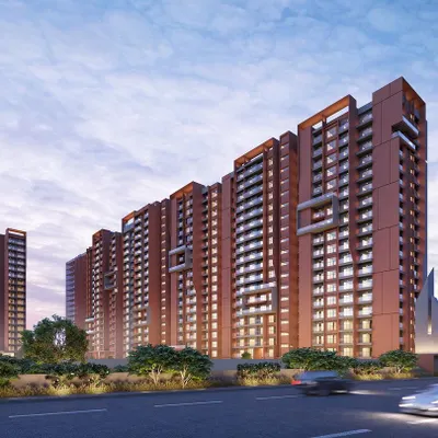 The architectural facade of a high-rise community we designed in Bangalore. Our approach to urban design considers not just the building, but how it meets the street and contributes to the city's skyline.