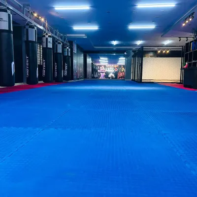A wide view of our spacious training floor at the UMC Dojo, lined with professional-grade punching bags and ample mat space for drills and sparring.