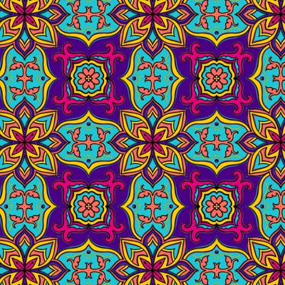 Patterns are everywhere, from the swirl of galaxies to the veins of a leaf. This vibrant, repeating pattern is my way of organizing chaos into meaning, using bold colors and symmetrical shapes.
