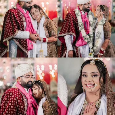 A collage of heartfelt moments between Karan and Radhika after their wedding ceremony, including tender embraces and a beautiful bridal portrait.
