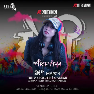 The official event poster for a Holi celebration where I was the headlining DJ. This shows the professional and high-energy parties I am known for, hosted at popular venues like Pebble in Bangalore.