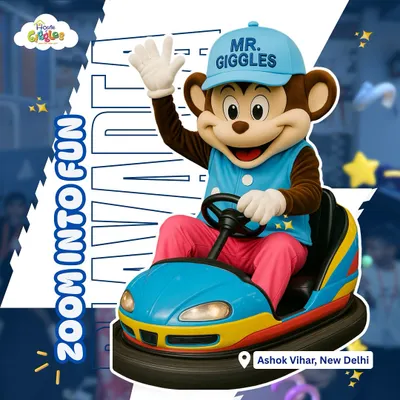 Zoom into fun with Mr. Giggles! Our friendly mascot is always ready for an adventure, especially when it involves a ride in the bumper cars.