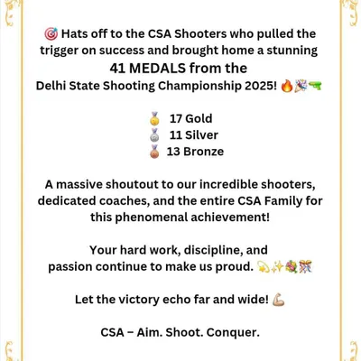 The results speak for themselves. Our academy shooters secured a remarkable 41 medals, including 17 golds, at the Delhi State Shooting Championship 2025. This graphic showcases the depth of talent we have across various categories.