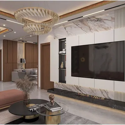 A luxurious living room concept featuring a stunning marble and wood-paneled TV wall with an integrated fireplace and a unique wavy chandelier.
