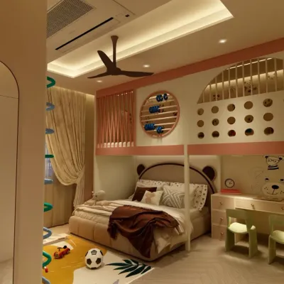 This bedroom, designed for two sisters, features playful custom bunk beds, a cozy study nook, and floating shelves, all wrapped in warm, inviting lighting.