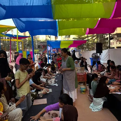This was a wonderful 'Clay-in-Faces' workshop I conducted at the Govandi Arts Festival. It was beautiful to see the entire community come together under the colorful canopy to create.