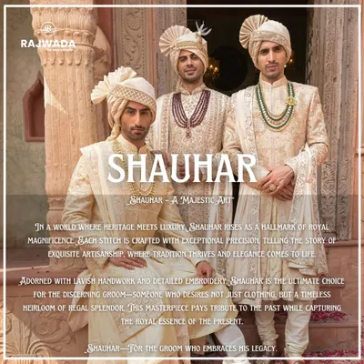An introduction to the Shauhar Collection, a majestic art form. This image showcases three variations of my regal sherwanis, each telling a story of exquisite artisanship, adorned with lavish handwork for the discerning groom.