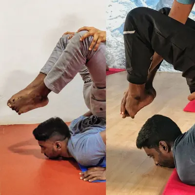 This split-screen close-up shows the change in my Vrischikasana over time. Notice the difference in the feet and the depth of the backbend. This is a testament to consistent, unconscious practice and the body's incredible ability to adapt and remember.