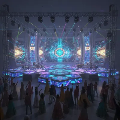 A 3D visualization of a futuristic Sangeet stage. This concept features hexagonal LED floor panels and massive screens, creating an immersive, club-like environment for a high-energy party.