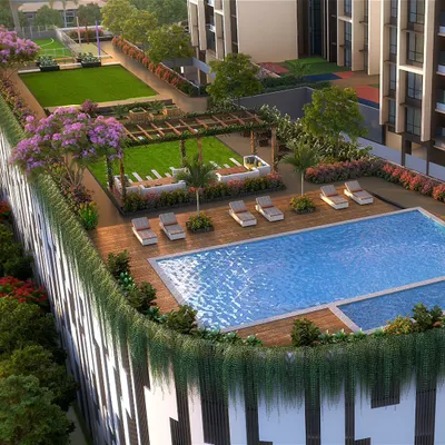 This is our design for the Skyline residential building, where the architecture itself becomes art. We used a pattern of vertical fins and horizontal bands to create a modern tapestry on the facade, giving the building a unique and elegant identity.