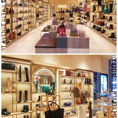 An overview of the 1st Avenue store, showcasing the clean, organized layout. The top image shows the full length of the store, while the bottom image highlights the custom wooden display units and circular mirror feature.