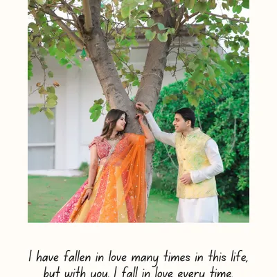 A sweet moment captured under a tree, framed with a heartfelt quote. The couple's colorful outfits pop against the natural greenery, creating a vibrant and romantic image.