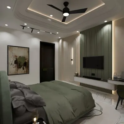 The TV and study wall from the same pastel green bedroom. The design features a fluted panel behind the floating console and integrated track lighting for a clean, functional aesthetic.